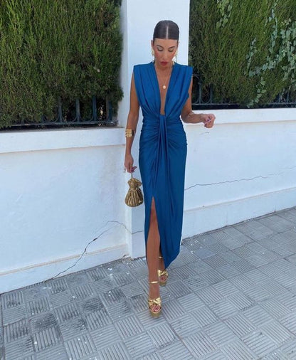 Sexy Blue Evening Dress Slit Deep V Neck Prom Dress     fg5173