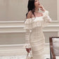 Elegant White Midi Dress Office Lady Long Sleeve Sexy Beach Party Bodycon Dress        fg5417