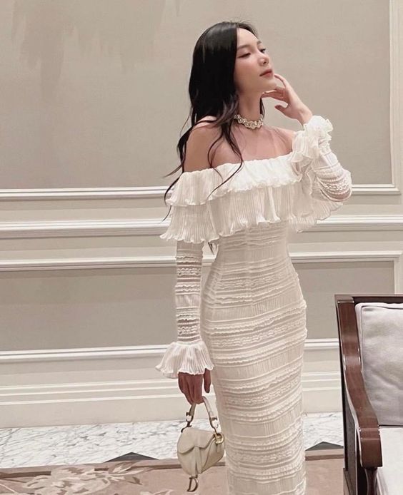 Elegant White Midi Dress Office Lady Long Sleeve Sexy Beach Party Bodycon Dress        fg5417