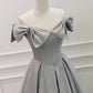 Grey Satin Beaded Long Party Dress with Bow, Grey A-line Prom Dress       fg5362