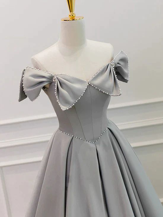 Grey Satin Beaded Long Party Dress with Bow, Grey A-line Prom Dress       fg5362