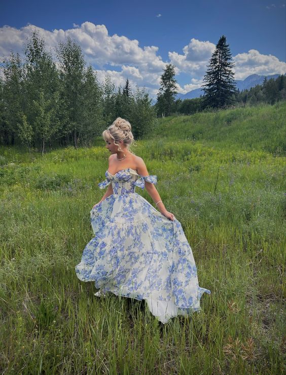 Besonderes Chiffon-A-Linien-Ballkleid mit Blumenmuster fg4817