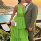Elegant A-line V Neck Green Tiered Tulle Prom Dress,Green Prom Gown        fg4703