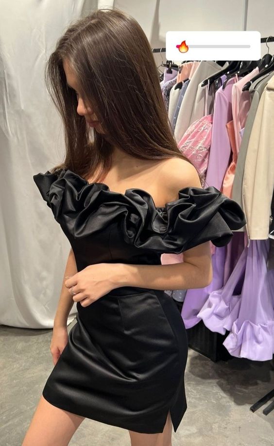 Black Satin Ruffle Bodycon Dress Homecoming Gown     fg3700