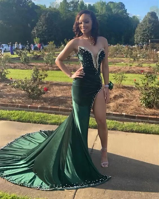 Green Velvet Prom Dresses African aso ebi Mermiad Evening Dress With Slit      fg3389