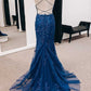 Navy Appliques Lace-Up Back Mermaid Long Formal Dress with Slit      fg4058