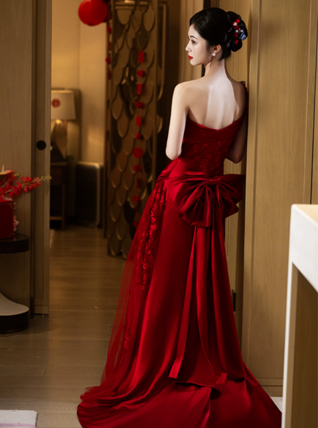 Burgundy Mermaid Long Formal Dress Satin Lace Evening Dresses     fg7670
