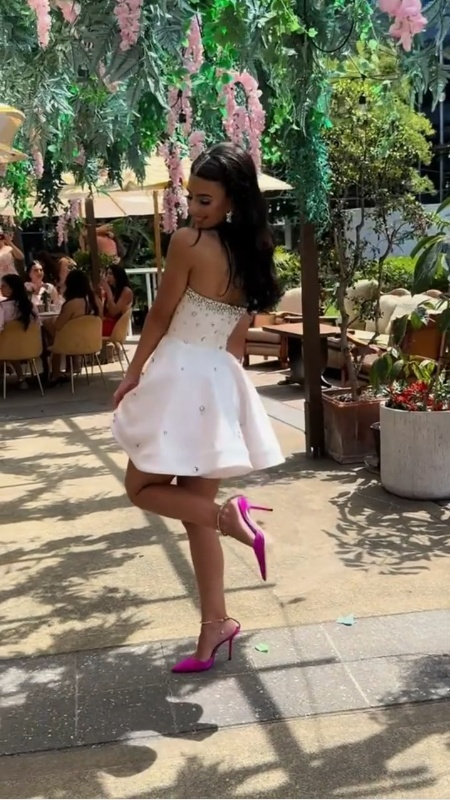 White Strapless A Line Unique Homecoming Dress Sparkly Party Dress    fg7545