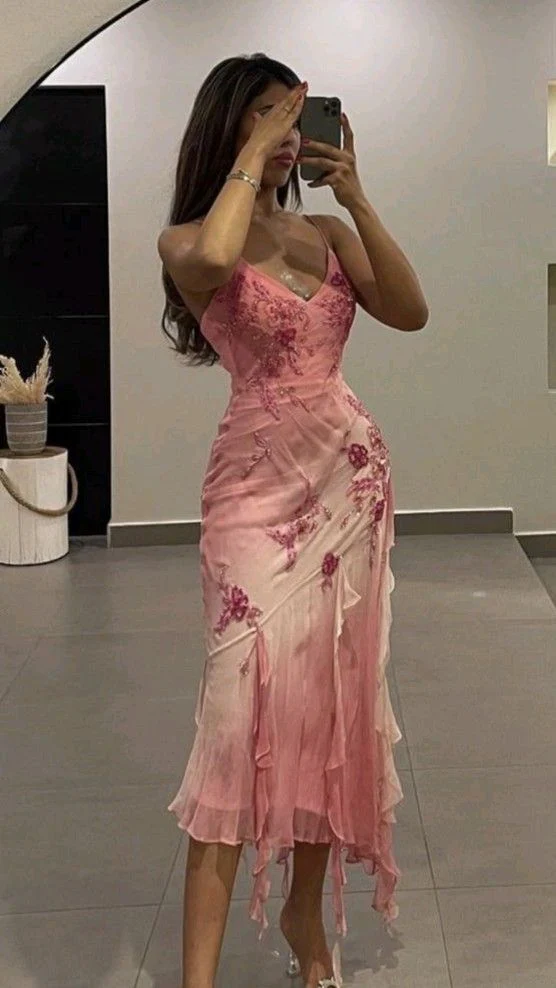 Sheath Spaghetti Straps Pink Chiffon Knee Length Prom Dresses Evening Dress fg8522
