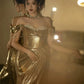 Mermaid Gold Long Prom Dress Sexy Off Shoulder Evening Dresses   fg7664