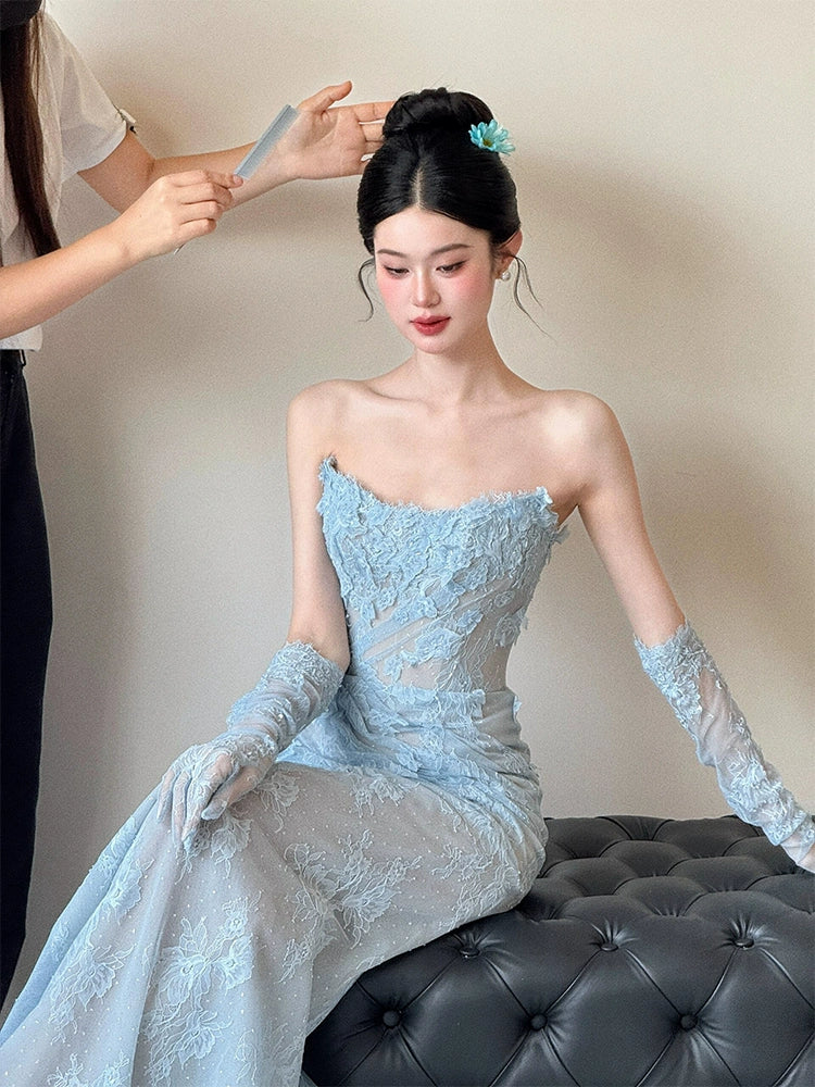 Blue Lace Mermaid Long Prom Dress Sexy Evening Dresses   fg7665