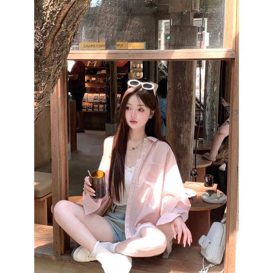 Pink striped sun-protective shirt, casual chic Korean style top A136