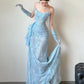 Blue Lace Mermaid Long Prom Dress Sexy Evening Dresses   fg7665