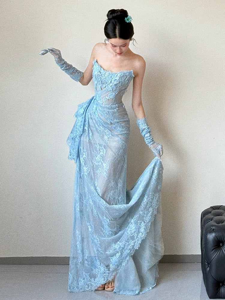 Blue Lace Mermaid Long Prom Dress Sexy Evening Dresses   fg7665