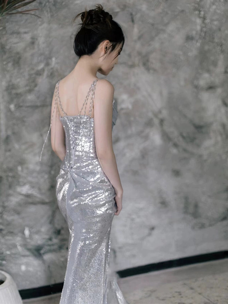 Silver Sequin Mermaid Long Prom Dress Sexy Evening Dresses   fg7666