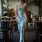 Elegant Blue A Line Straps Beaded Satin Long Prom Dress Evening  Dress fg8690