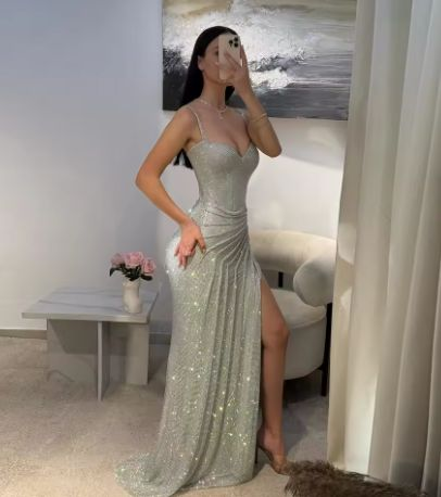 Gorgeous Spaghetti Straps Silver Sequin Side Slit Long Prom Dress Evening Dress fg8359