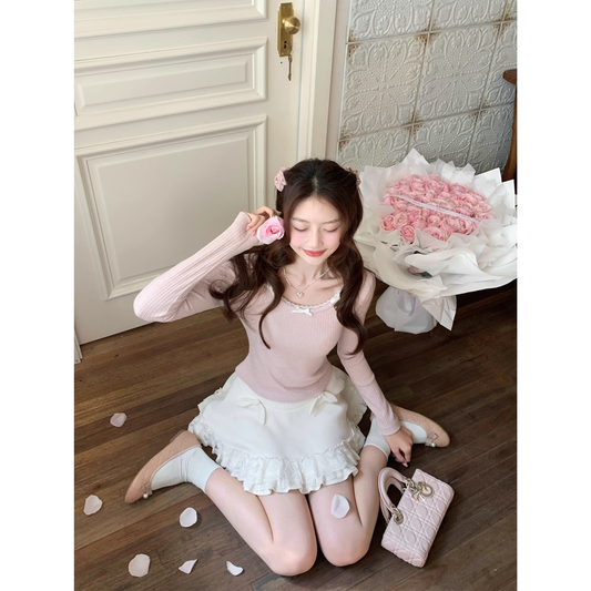 Pink super cute inner base layer autumn and winter knitted long-sleeved top  A129