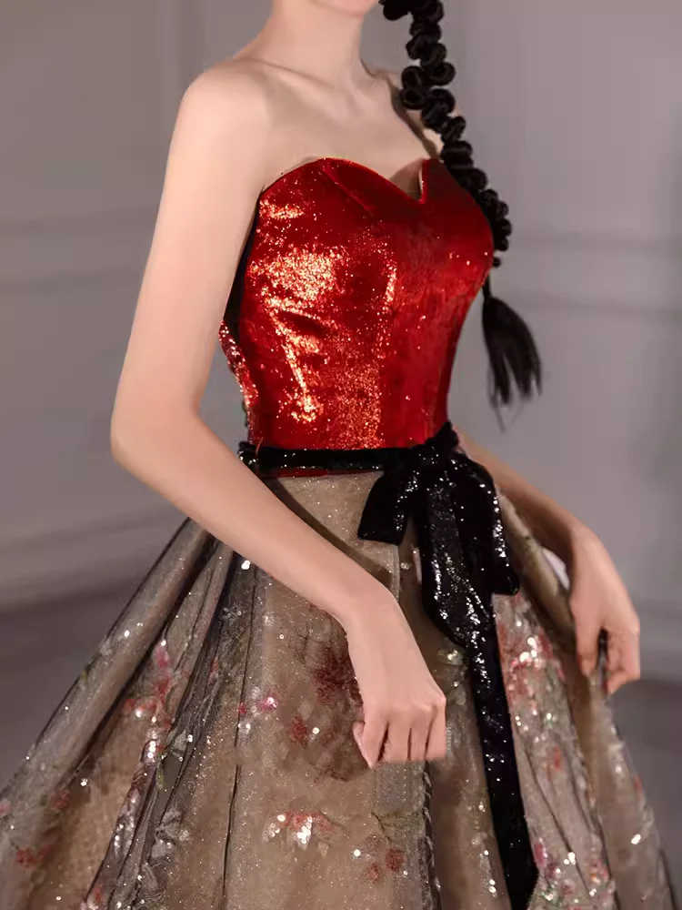 Ball Gown Strapless Burgundy Sequin Long Evening Dress Prom Dress  fg8580