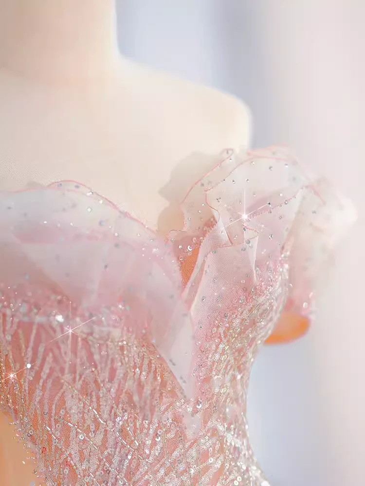 A line Off The Shoulder Pink Sequin Long Evening Dress Prom Dress  fg8583