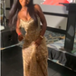 Sexy Gold Long Prom Dress Evening Party Dresses With Slit   fg7699