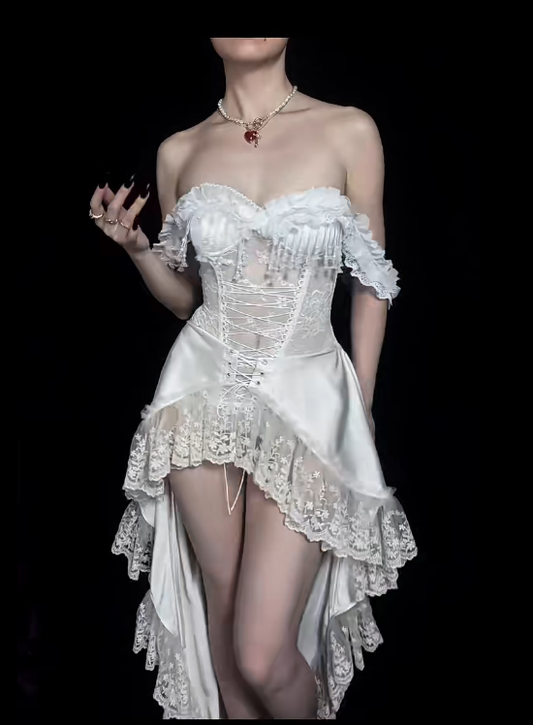 Off The Shoulder White Lace High Low Prom Dress Evening Party Dress fg8326