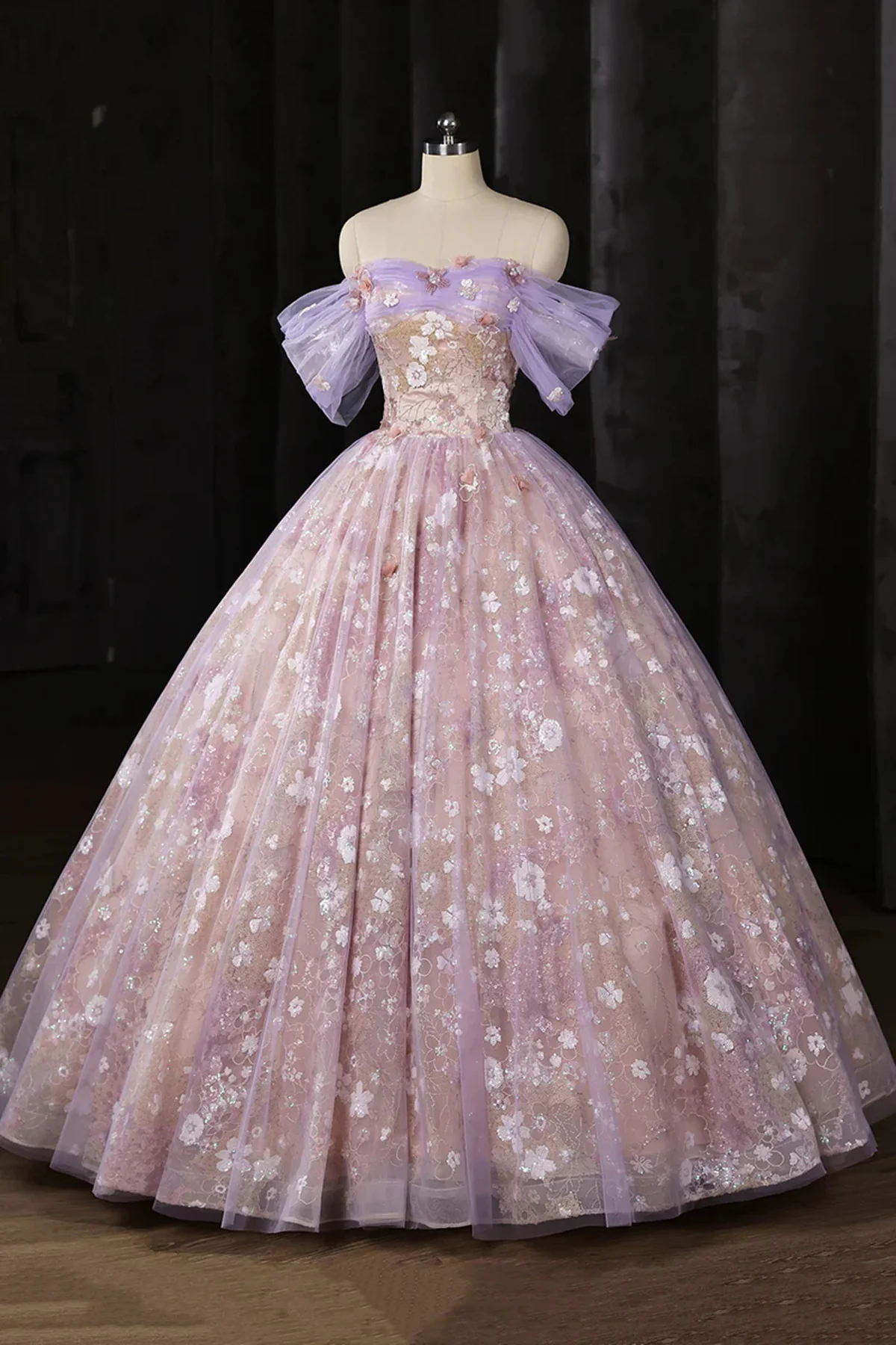 Light Purple Floral Tulle Prom Dress with Lace, A-line Off Shoulder Evening Dress Formal Dress  fg8733