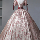 Floral Princess Gown with Burgundy Bows and Puff Sleeves, Long Prom Dress Party Dress  fg8735
