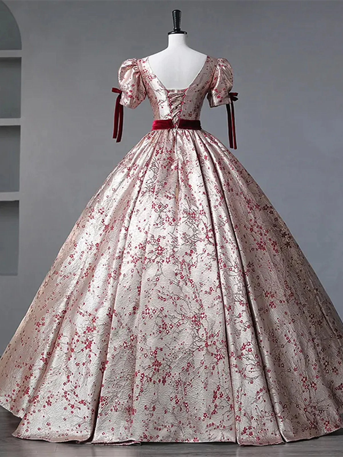 Floral Princess Gown with Burgundy Bows and Puff Sleeves, Long Prom Dress Party Dress  fg8735