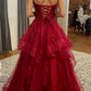Burgundy Shinny Tulle A-Line Long Prom Dress Evening Party Dresses  fg7644