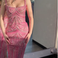 Gorgeous Pink Spaghetti Straps Sequin Beaded Long Evening Dress Formal Party Gown fg8357