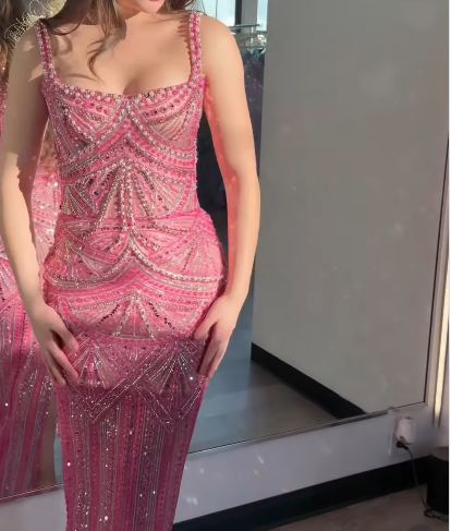 Gorgeous Pink Spaghetti Straps Sequin Beaded Long Evening Dress Formal Party Gown fg8357
