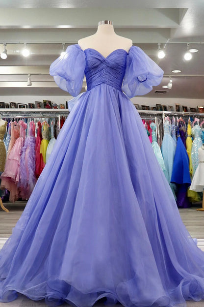 Lavender Tulle A-line Off-Shoulder Puff Sleeves Pleated Long Prom Dress     fg3408