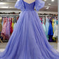 Lavender Tulle A-line Off-Shoulder Puff Sleeves Pleated Long Prom Dress     fg3408