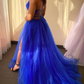 A-line V Neck Spaghetti Straps Sweep Train Tulle Prom Dress With Split    fg4750