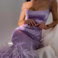 Women's Spaghetti Straps Satin Dress Feather Hem Sleeveless Backless Party Bodycon Dress     fg4124