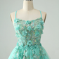 Sweet Green A Line Spaghetti Straps Corset Short Homecoming Dress with Appliques      fg5497