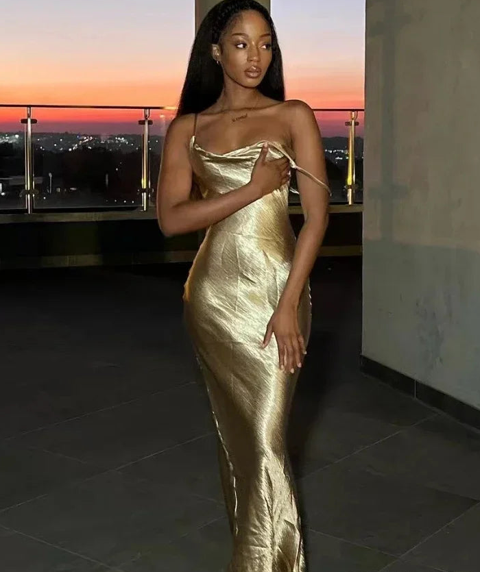 Elegant Satin Backless Maxi Dress For Women Spaghetti Strap Sleeveless Night Club Long Prom Party Dress      fg6148