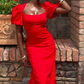 Sexy Puff Sleeves Gown Red Party Prom Evening Dress      fg6056