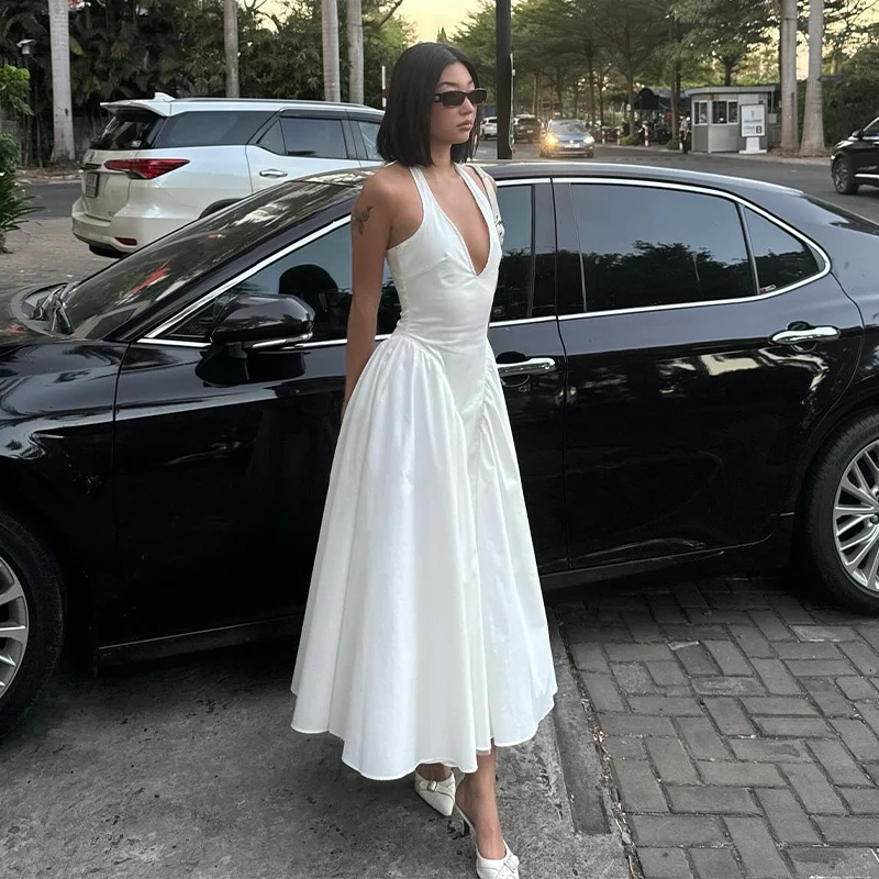 Solid Color Women's V-Neck Evening Dress Sleeveless Halter Chic Dress For Women       fg6088