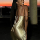 Elegant Satin Backless Maxi Dress For Women Spaghetti Strap Sleeveless Night Club Long Prom Party Dress      fg6148