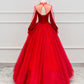 Red Velvet Tulle Floor Length Prom Dress, Beautiful Long Sleeve Evening Party Dress       fg4355