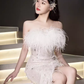 Mermaid Strapless Sequin Beads Long Evening Dress Slit Prom Dresses With Feathers  fg8585