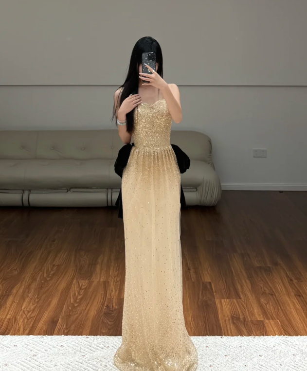 Gold Sequin Prom Party Dress Birthday Outfit Shiny Evening Dress  fg8638