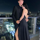 A Line Straps Black Long Backless Prom Dresses Evening Dress fg8516