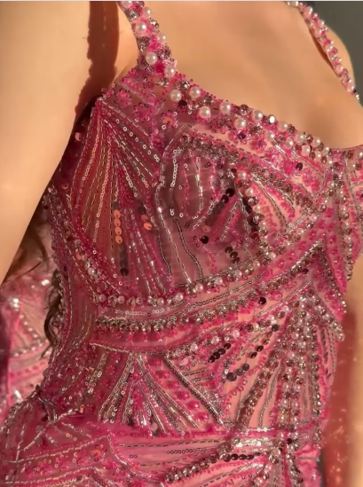 Gorgeous Pink Spaghetti Straps Sequin Beaded Long Evening Dress Formal Party Gown fg8357