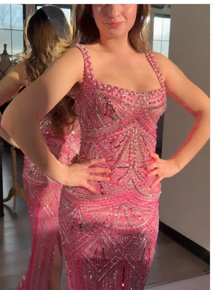Gorgeous Pink Spaghetti Straps Sequin Beaded Long Evening Dress Formal Party Gown fg8357