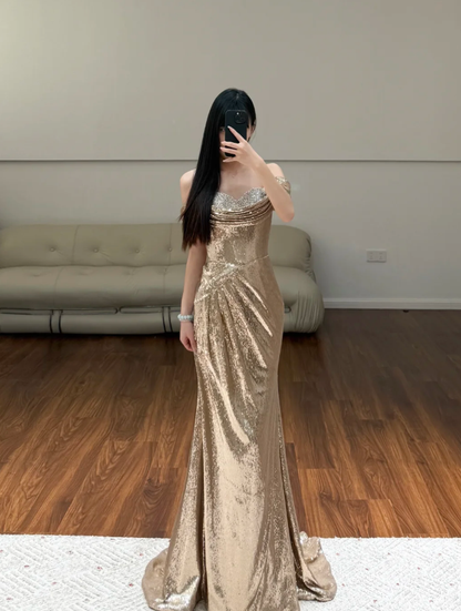 Off The Shoulder Champane Prom Party Dress Birthday Dress Evening Dress fg8625