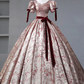 Floral Princess Gown with Burgundy Bows and Puff Sleeves, Long Prom Dress Party Dress  fg8735