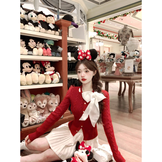 Red sweater cardigan and skirt set for New Year's outfit A109